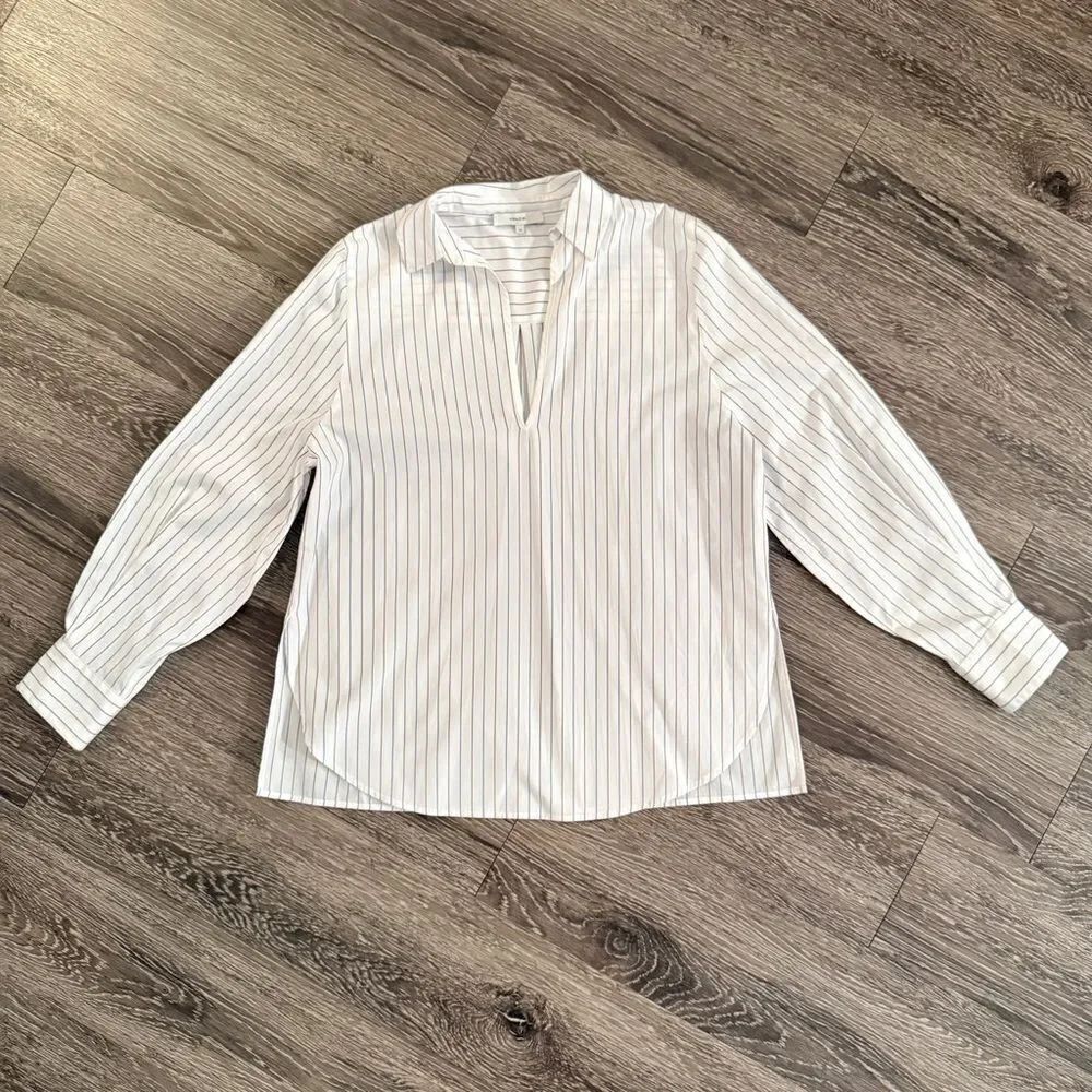 Vince Women's White Burgundy Blue Pin Stripe Popover Blouse